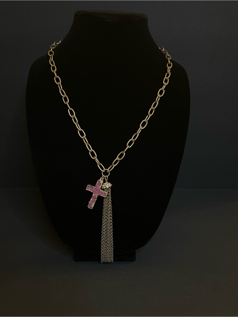 Gold Link Necklace with Purple Cross Pendant and Chain Tassel - Picture 3 of 6